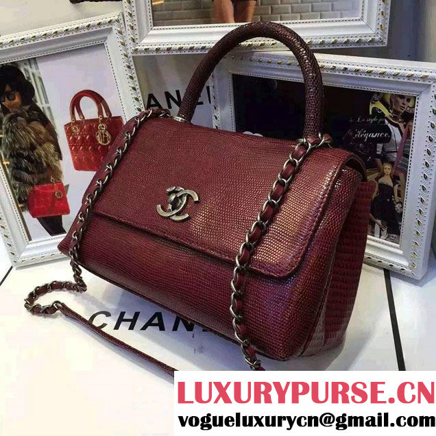Chanel Top Handle Lizard Pattern Flap Shoulder Medium/Large Bag Date Red 2015/2016