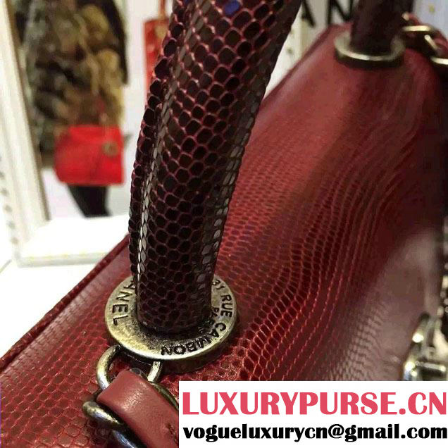 Chanel Top Handle Lizard Pattern Flap Shoulder Medium/Large Bag Date Red 2015/2016