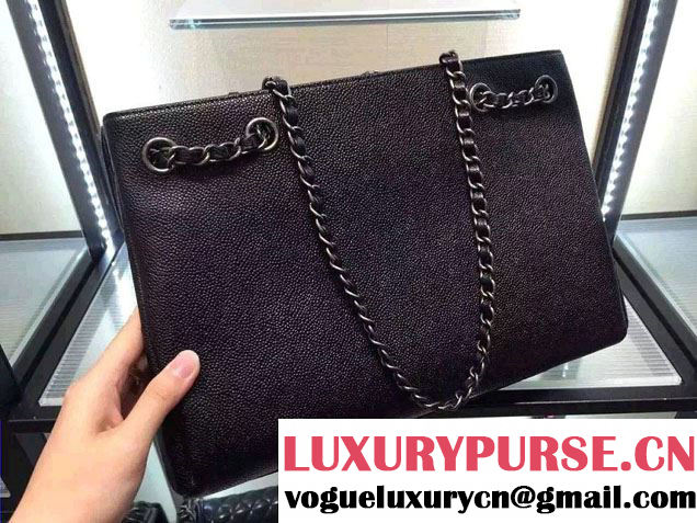 Chanel Metallic Grained Calfskin Large Shopping Tote Bag A91096 Black 2016