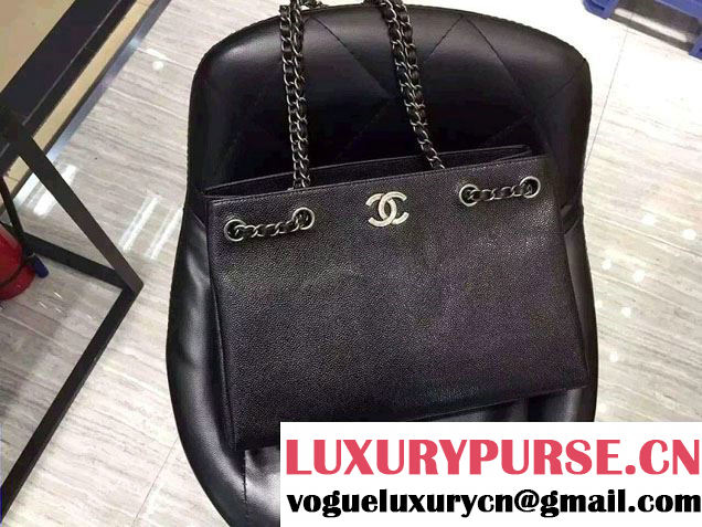 Chanel Metallic Grained Calfskin Large Shopping Tote Bag A91096 Black 2016