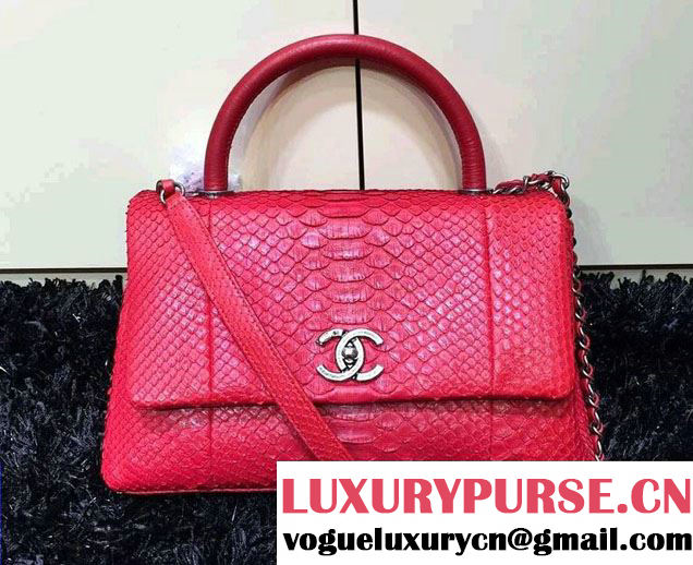 Chanel Python and Lambskin Flap Large Bag with Handle A93279 Red 2016