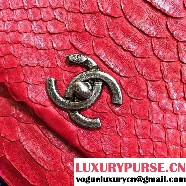 Chanel Python and Lambskin Flap Large Bag with Handle A93279 Red 2016