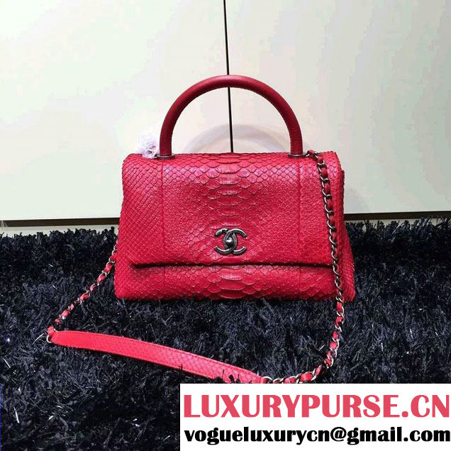Chanel Python and Lambskin Flap Large Bag with Handle A93279 Red 2016