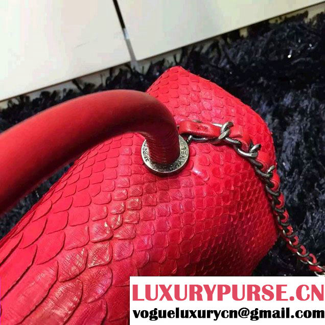Chanel Python and Lambskin Flap Large Bag with Handle A93279 Red 2016