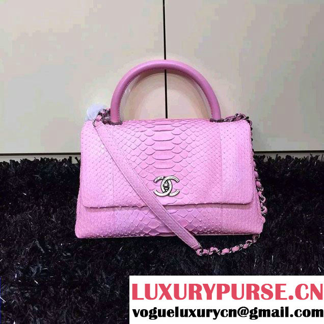 Chanel Python and Lambskin Flap Large Bag with Handle A93279 Pink 2016