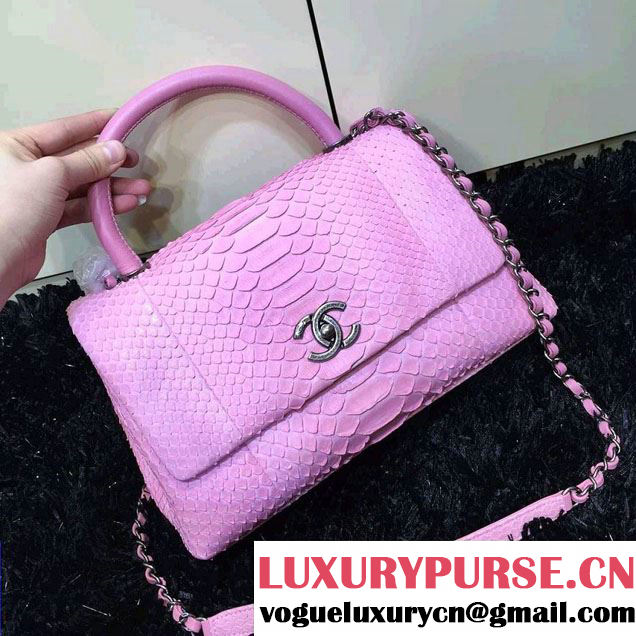 Chanel Python and Lambskin Flap Large Bag with Handle A93279 Pink 2016