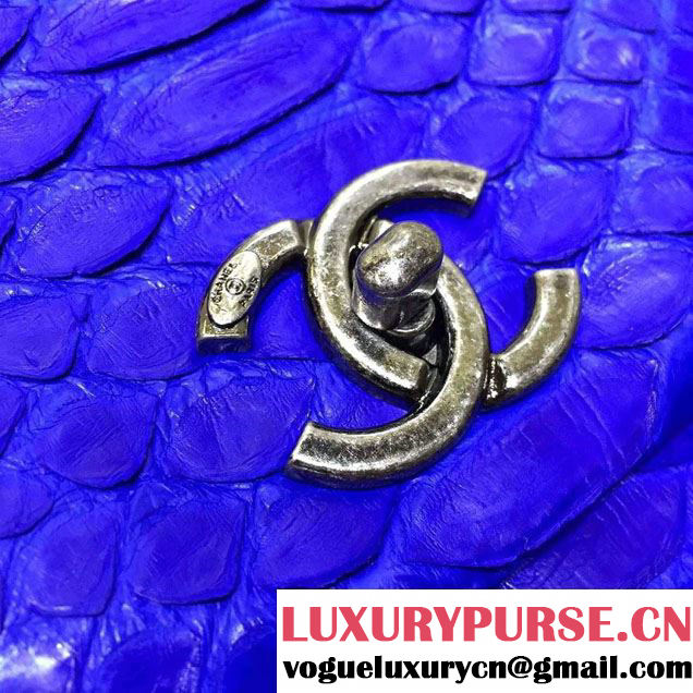 Chanel Python and Lambskin Flap Large Bag with Handle A93279 Blue 2016
