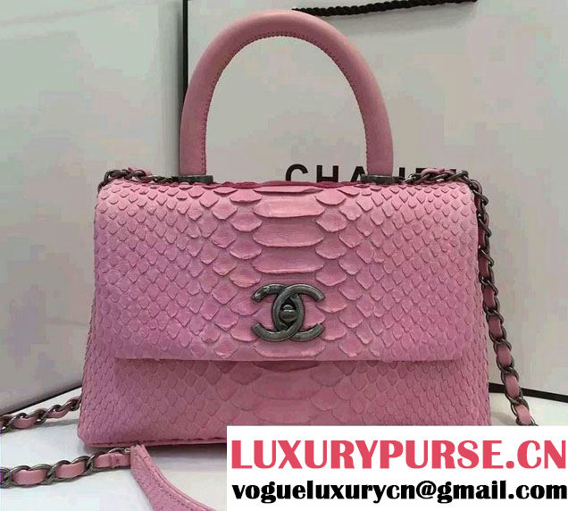 Chanel Python and Lambskin Flap Small Bag with Handle A93050 Pink 2016