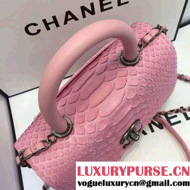 Chanel Python and Lambskin Flap Small Bag with Handle A93050 Pink 2016