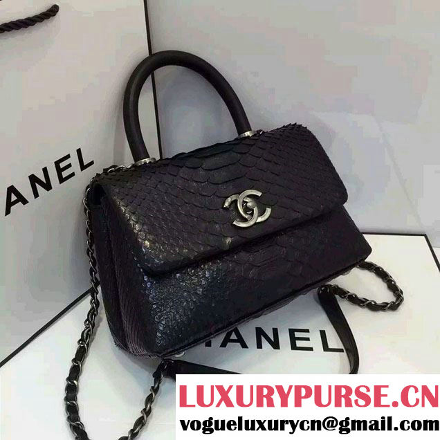 Chanel Python and Lambskin Flap Small Bag with Handle A93050 Black 2016