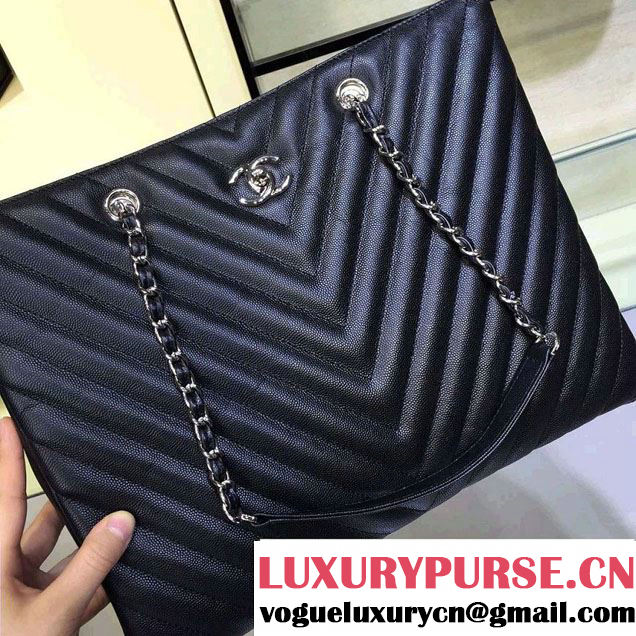Chanel Grained Calfskin Chevron Shopping Tote Bag A91046 Black 2016