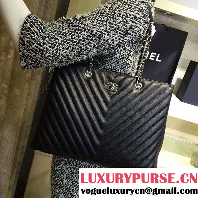 Chanel Grained Calfskin Chevron Shopping Tote Bag A91046 Black 2016