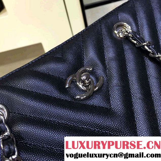 Chanel Grained Calfskin Chevron Shopping Tote Bag A91046 Black 2016