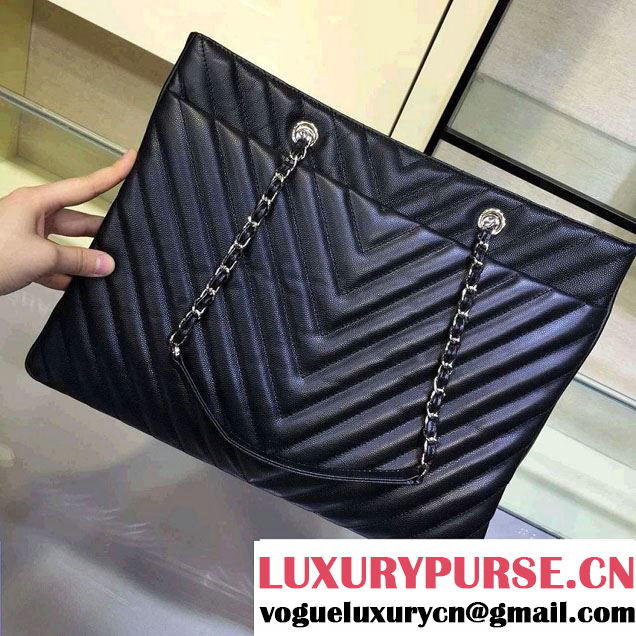 Chanel Grained Calfskin Chevron Shopping Tote Bag A91046 Black 2016