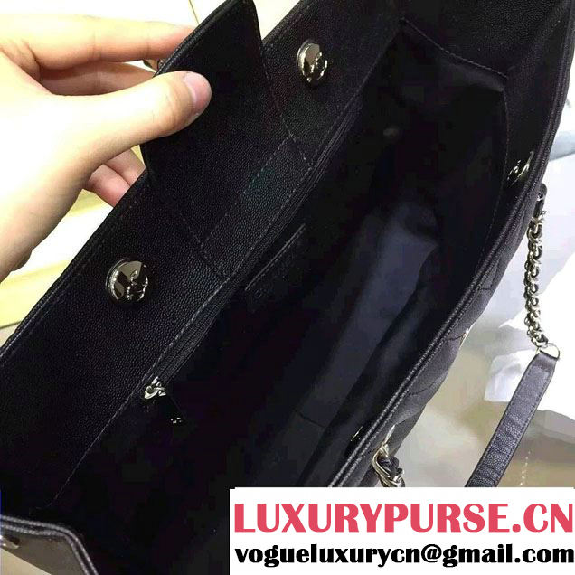Chanel Grained Calfskin Chevron Shopping Tote Bag A91046 Black 2016