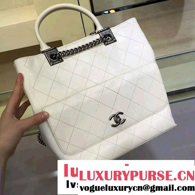 Chanel Calfskin Chain Shoulder Tote Backpack Bag White 2016