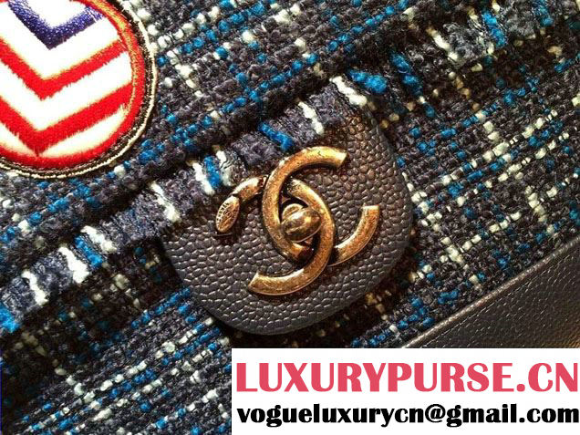 Chanel Grained Calfskin Tweed and Crests Top Handle Bag Blue 2016