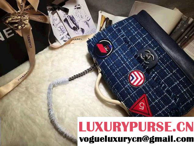 Chanel Grained Calfskin Tweed and Crests Top Handle Bag Blue 2016