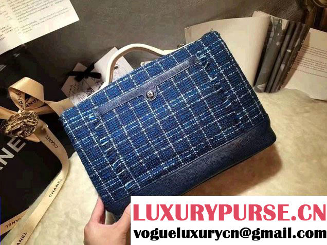 Chanel Grained Calfskin Tweed and Crests Top Handle Bag Blue 2016