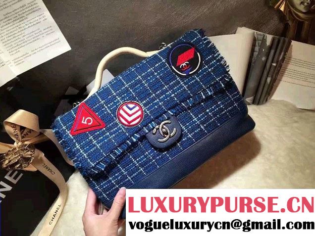 Chanel Grained Calfskin Tweed and Crests Top Handle Bag Blue 2016