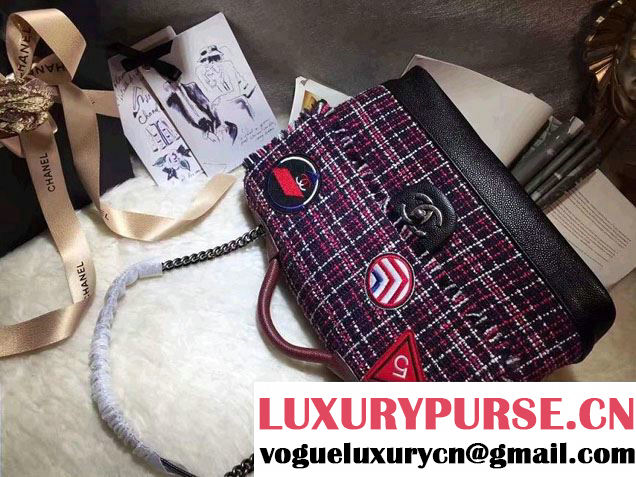 Chanel Grained Calfskin Tweed and Crests Top Handle Bag Red 2016