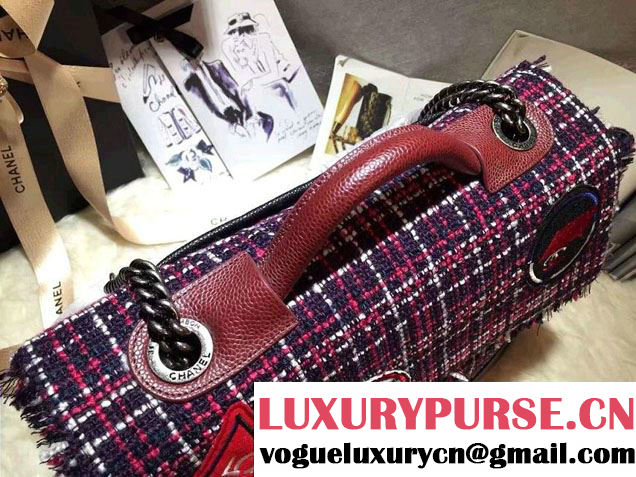 Chanel Grained Calfskin Tweed and Crests Top Handle Bag Red 2016