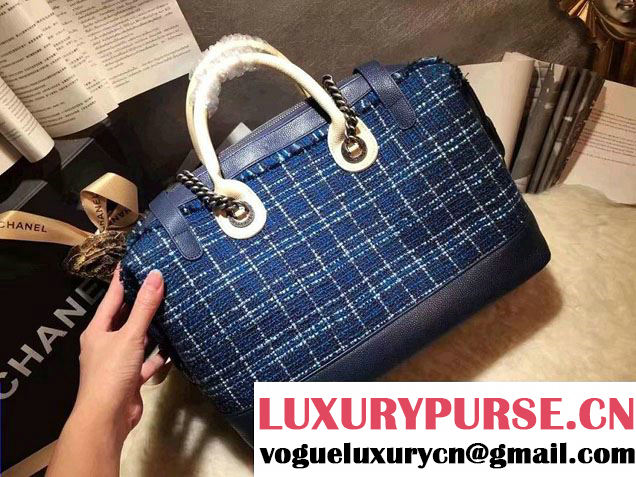 Chanel Grained Calfskin Tweed and Crests Bowling Bag A93310 Blue 2016
