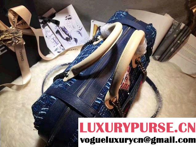 Chanel Grained Calfskin Tweed and Crests Bowling Bag A93310 Blue 2016