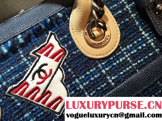 Chanel Grained Calfskin Tweed and Crests Bowling Bag A93310 Blue 2016