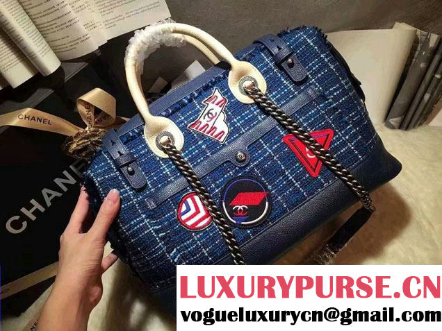 Chanel Grained Calfskin Tweed and Crests Bowling Bag A93310 Blue 2016