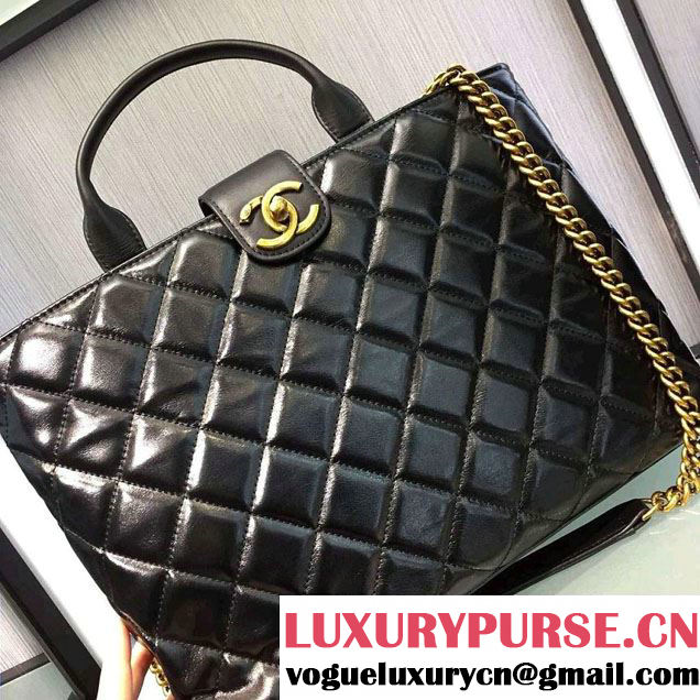 Chanel Calfskin/Gold Metal Large Shopping Tote Bag A93426 Black 2016