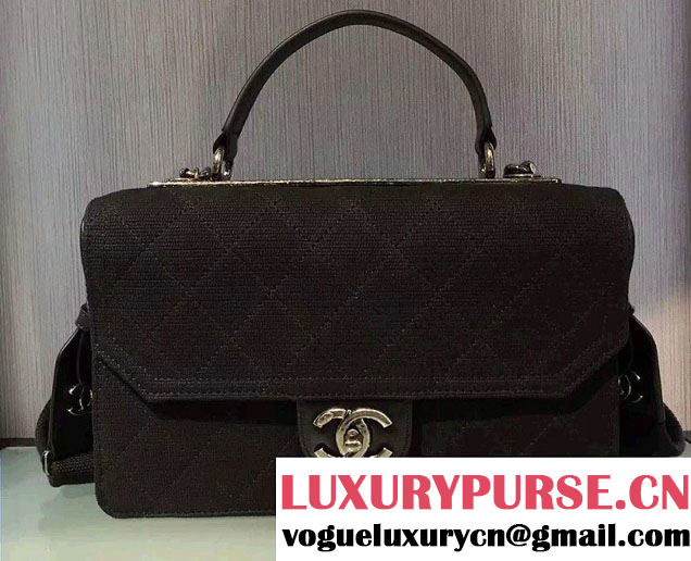 Chanel Jersey and Calfskin Top Handle Shoulder Bag Black 2016