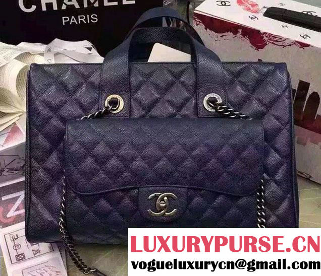 Chanel Quilted Grained Calfskin Large Shopping Bag A98557 Dark Blue 2016