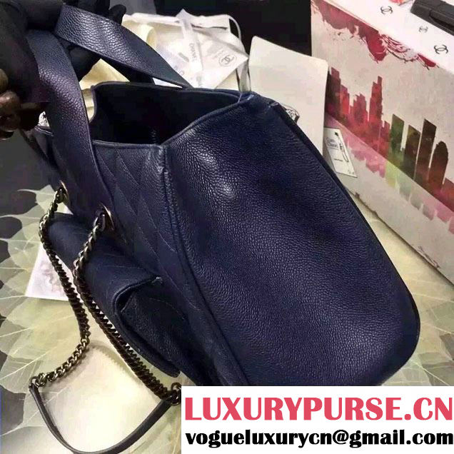 Chanel Quilted Grained Calfskin Large Shopping Bag A98557 Dark Blue 2016