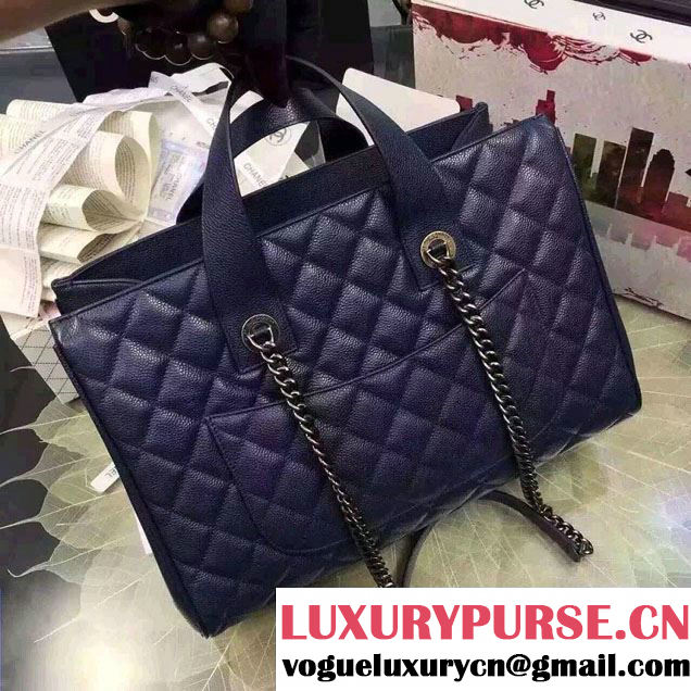Chanel Quilted Grained Calfskin Large Shopping Bag A98557 Dark Blue 2016