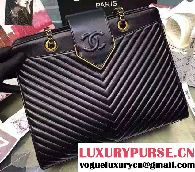 Chanel Sheepskin Chevron Tote Bag A93422 Black 2016