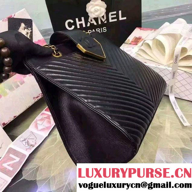 Chanel Sheepskin Chevron Tote Bag A93422 Black 2016