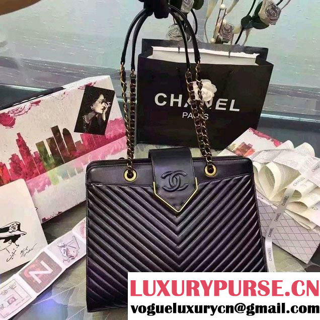 Chanel Sheepskin Chevron Tote Bag A93422 Black 2016