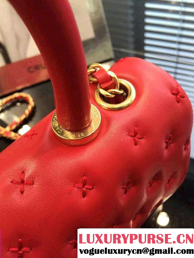 Chanel Embroidery Threads Top Handle Small Flap Bag Red 2016