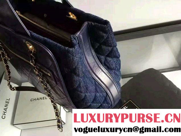 Chanel Denim and Calfskin/Light Gold Metal Large Shopping Bag A93560 Blue 2016