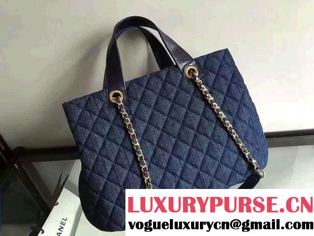 Chanel Denim and Calfskin/Light Gold Metal Large Shopping Bag A93560 Blue 2016