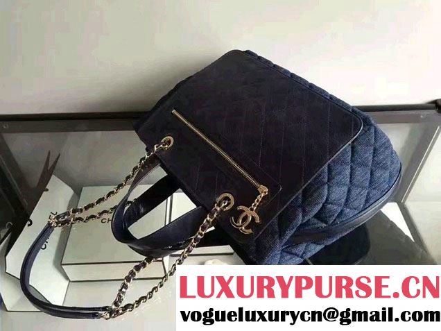 Chanel Denim and Calfskin/Light Gold Metal Large Shopping Bag A93560 Blue 2016