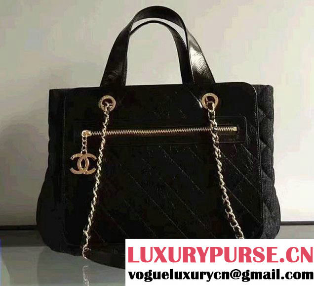 Chanel Denim and Calfskin/Light Gold Metal Large Shopping Bag A93560 Black 2016