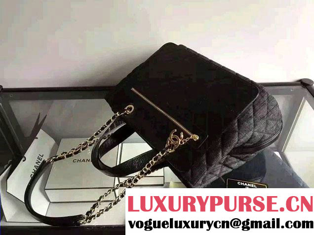Chanel Denim and Calfskin/Light Gold Metal Large Shopping Bag A93560 Black 2016