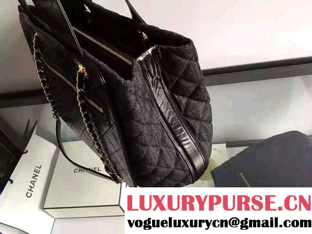 Chanel Denim and Calfskin/Light Gold Metal Large Shopping Bag A93560 Black 2016