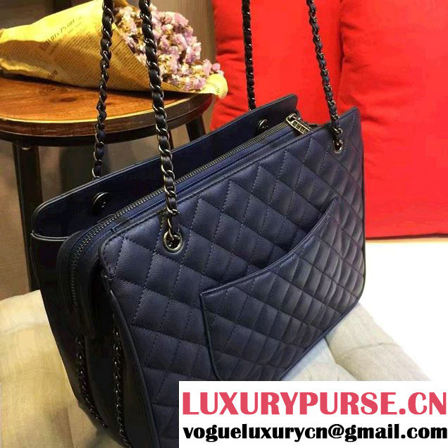 Chanel Quilted Calfskin/Ruthenium Metal Tote Bag A98551 Royal Blue 2016