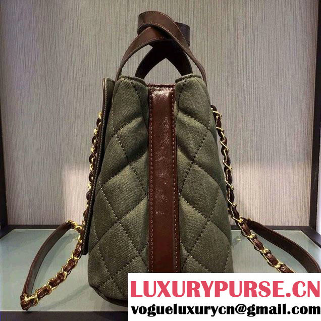 Chanel Denim and Calfskin/Light Gold Metal Large Shopping Bag A93559 Army Green 2016