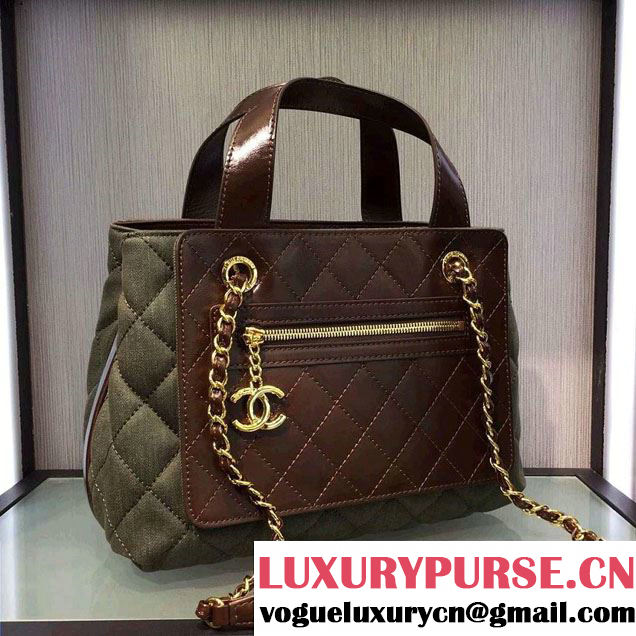 Chanel Denim and Calfskin/Light Gold Metal Large Shopping Bag A93559 Army Green 2016