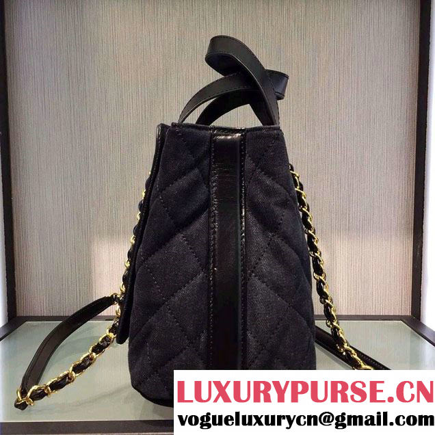 Chanel Denim and Calfskin/Light Gold Metal Large Shopping Bag A93559 Black 2016