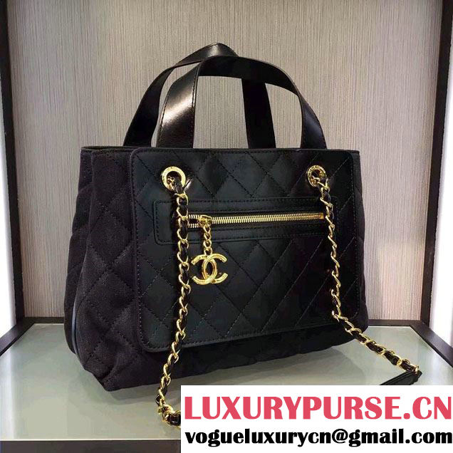 Chanel Denim and Calfskin/Light Gold Metal Large Shopping Bag A93559 Black 2016